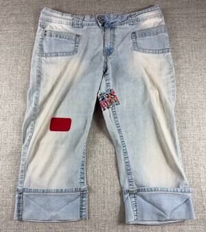 Angels Y2K Light Wash Cuffed Capri Jeans Custom Comic Patch Wide Leg 39 Waist